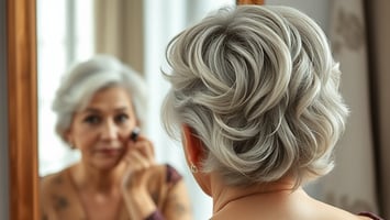 older woman applying makeup in mirror